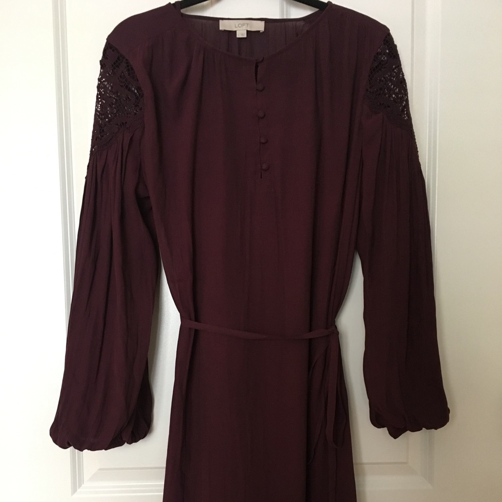 Long Sleeved Lace-Shoulder Eggplant Dress
